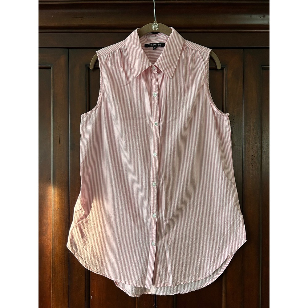 Chadwicks Womens Pink White Striped Sleeveless Button Down Shirt Cotton Tunic PL - Picture 5 of 10